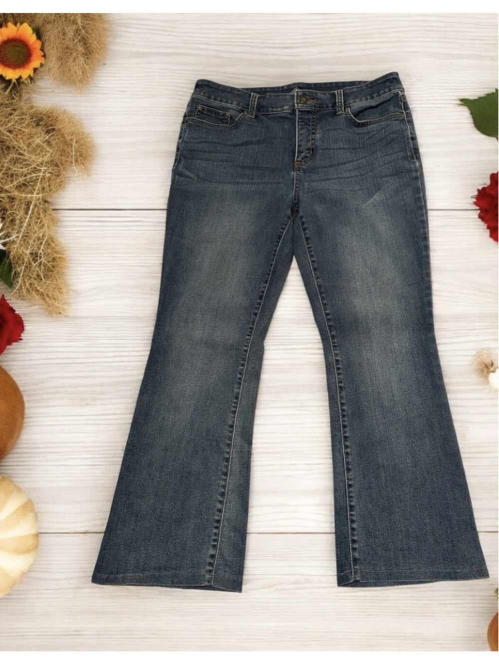 St Johns Bay Bootcut Jeans Women 12P PETITE Blue Denim Distressed Jeans